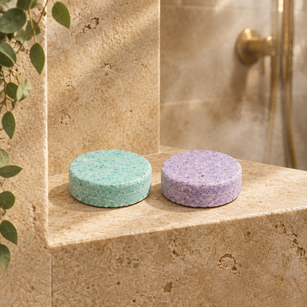 Both shower steamers on a luxury shower ledge