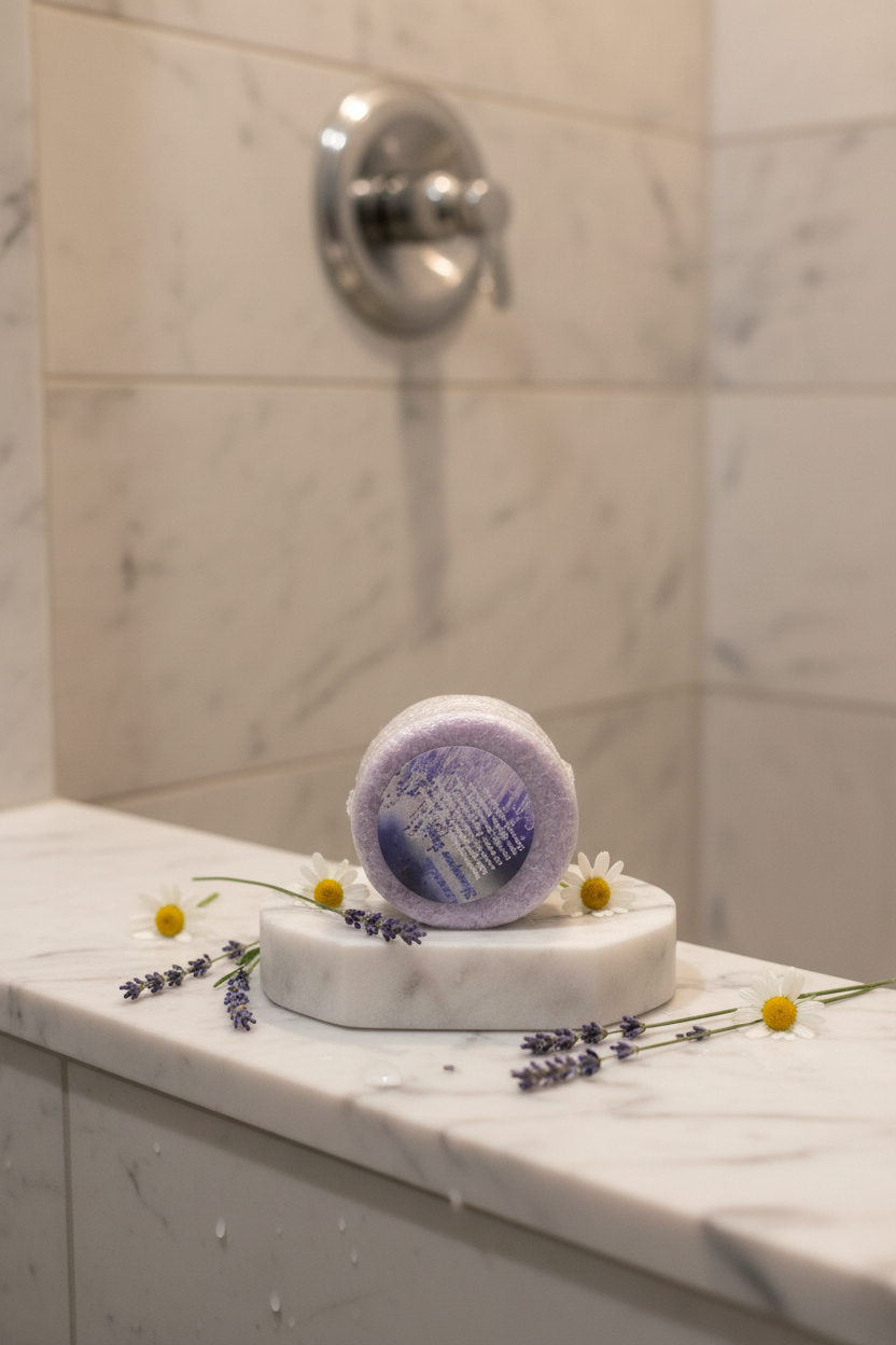 Round shampoo bar in lavender shower