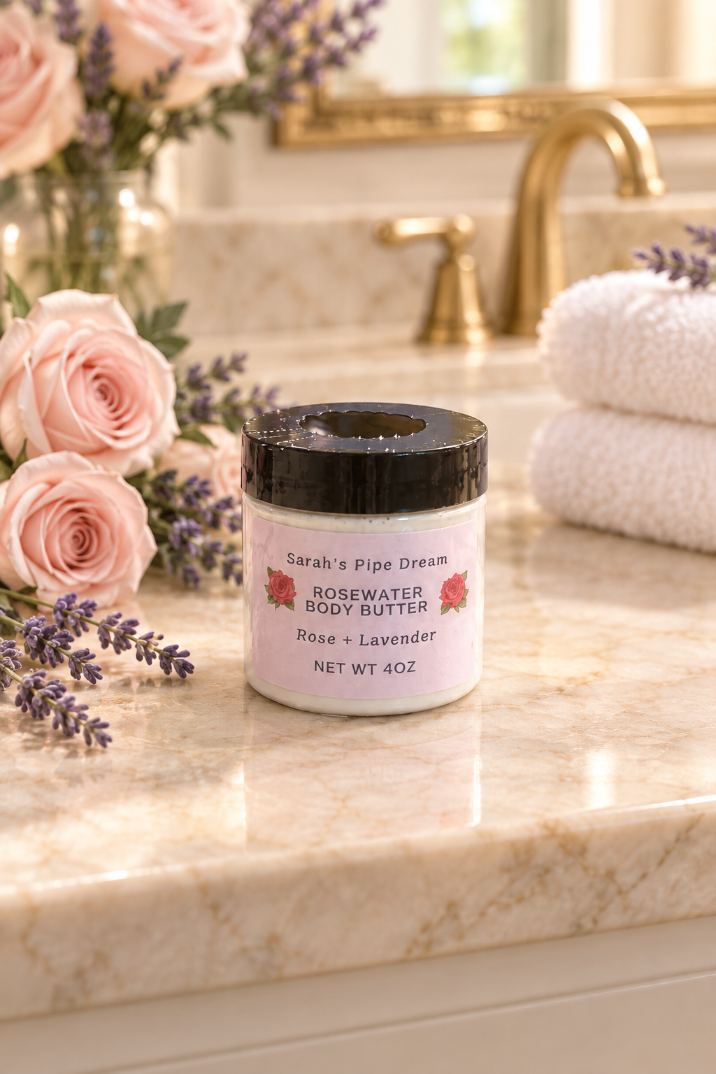4 oz Rosewater Body Butter on a luxury rose-and-lavender bathroom counter