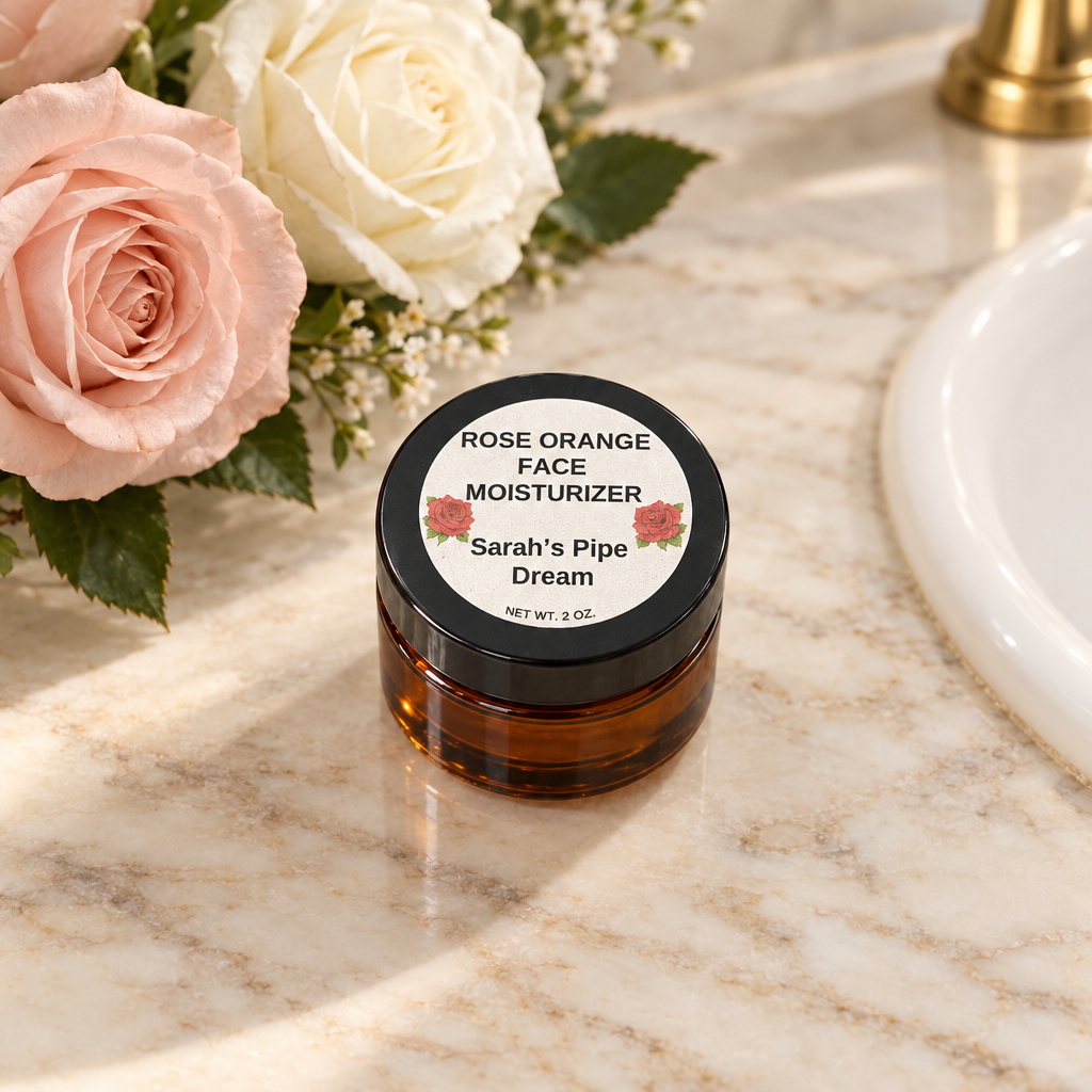 Amber Rose Orange Face Moisturizer on a rose-styled bathroom counter