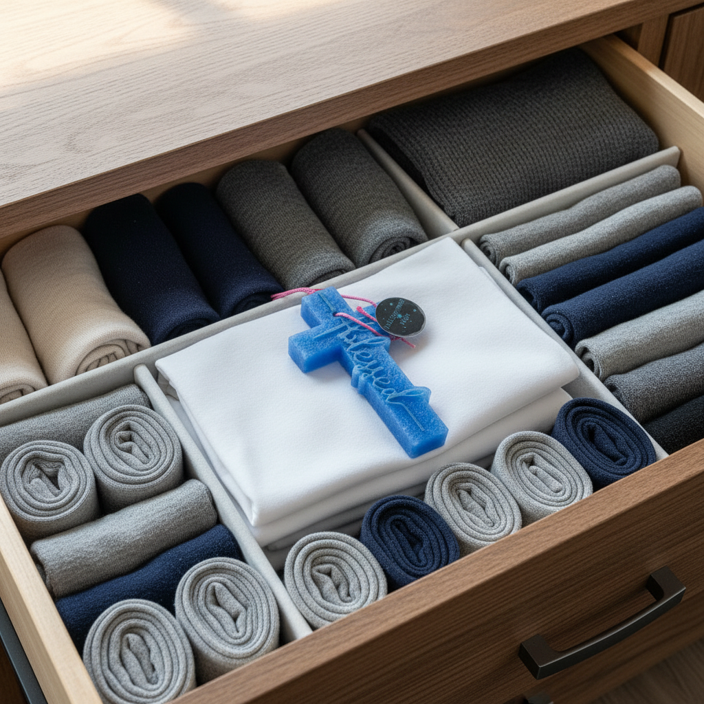Blue cross air freshener in dresser drawer