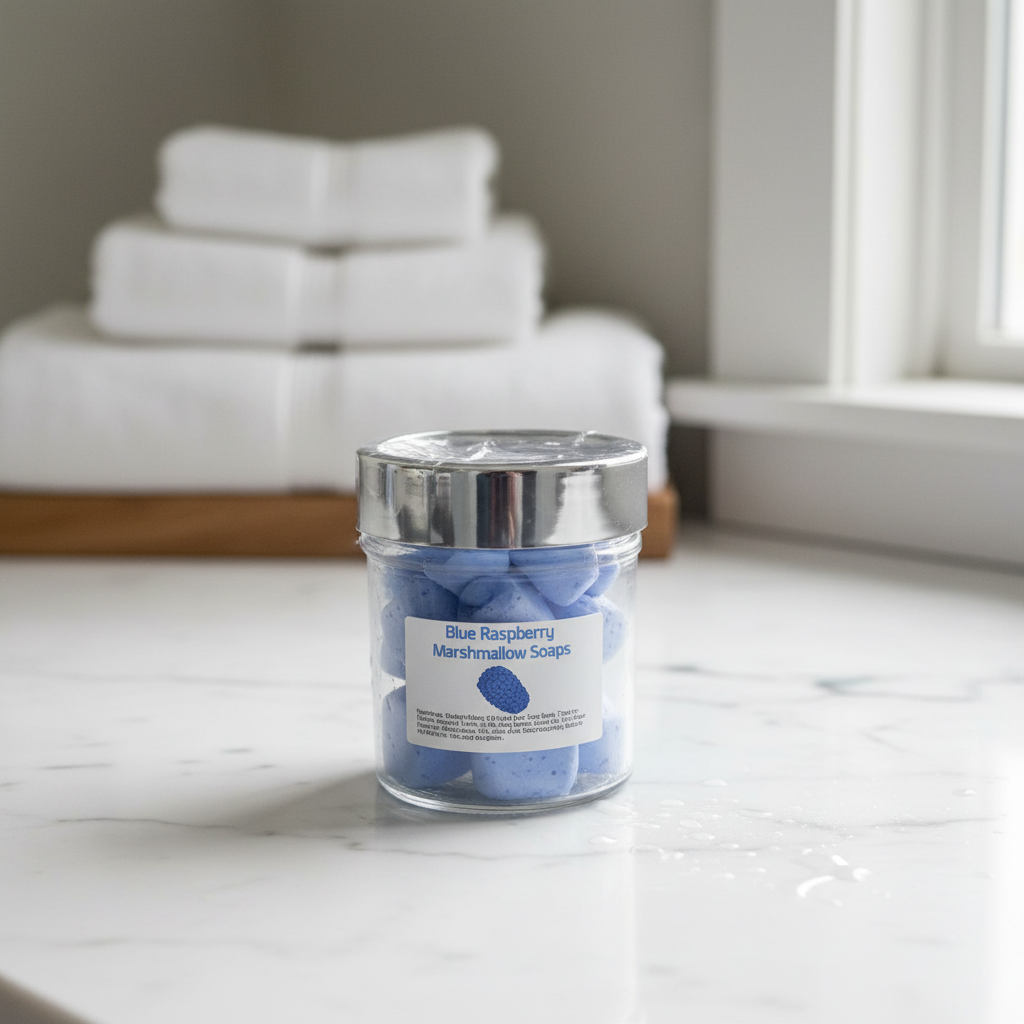 Blue Raspberry Soap Glass Jar - Bathroom Setting
