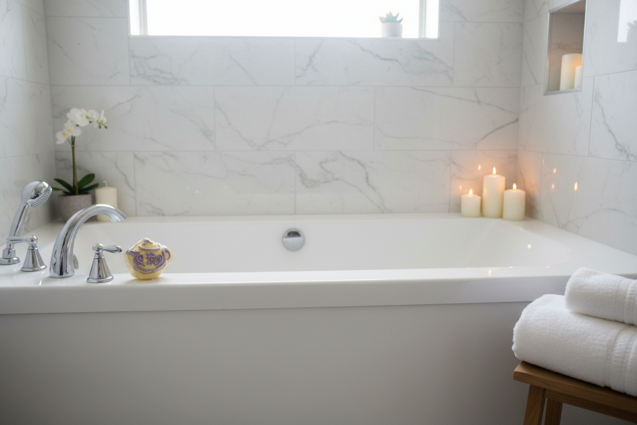 Carriage bath bomb on tub ledge