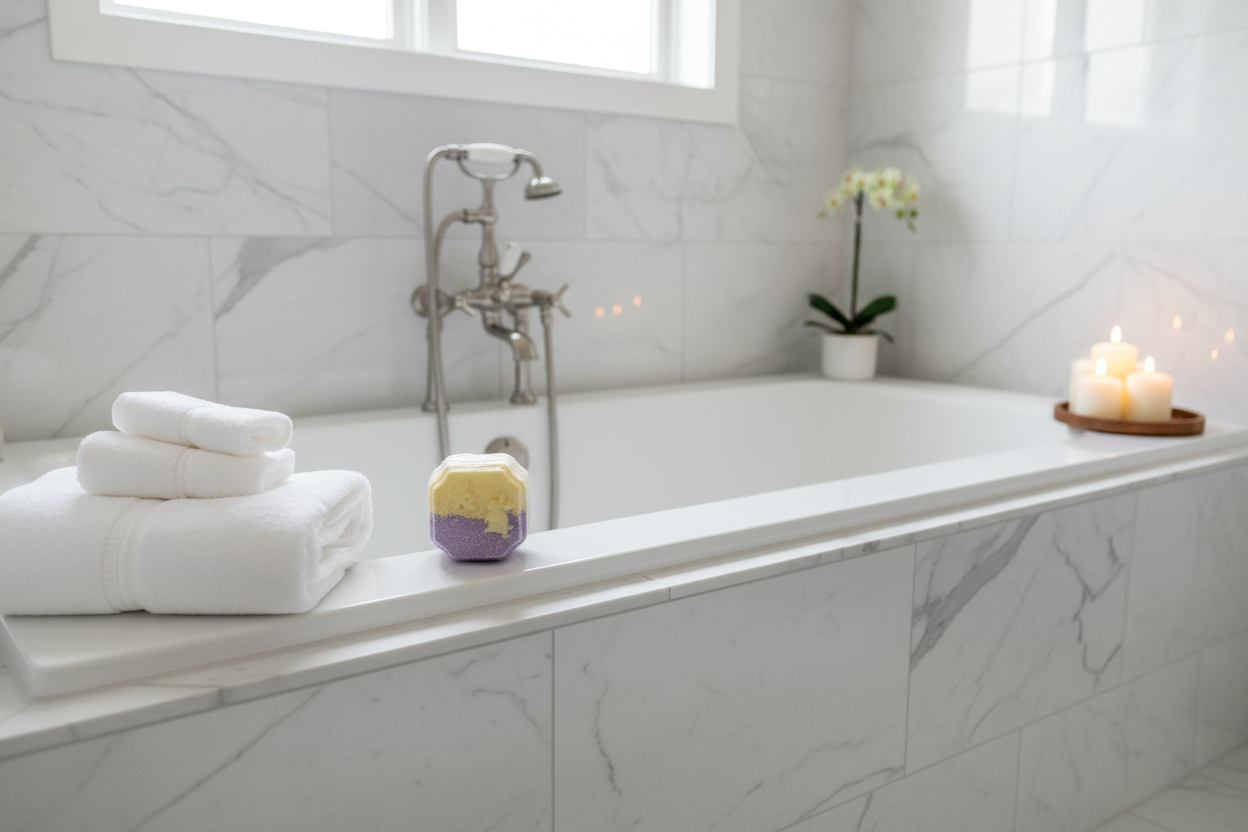 Cube bath bomb on tub ledge