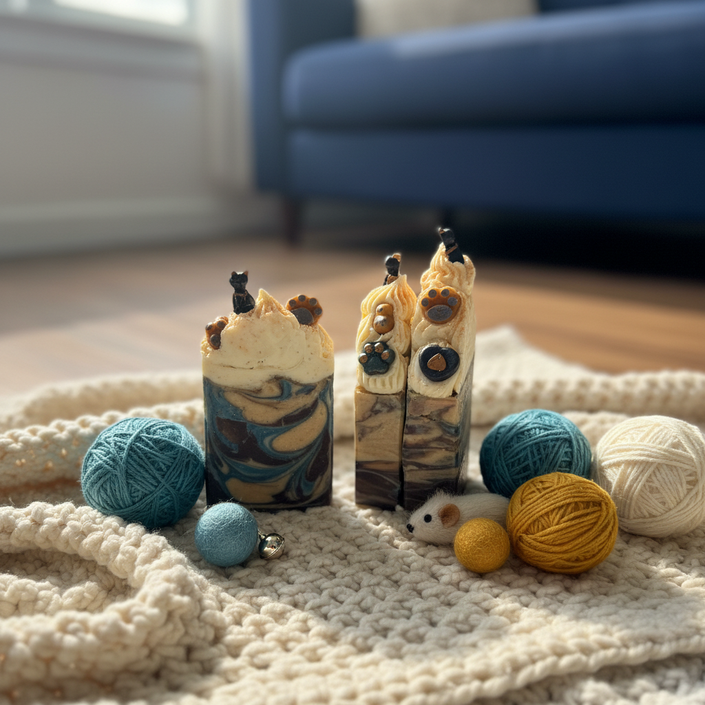 Curious cat soap in cat-themed setting