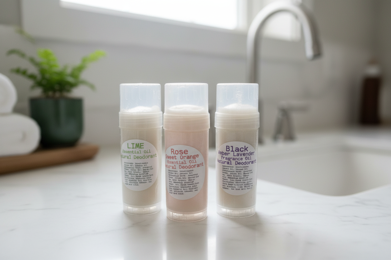 Deodorants in bathroom setting - group