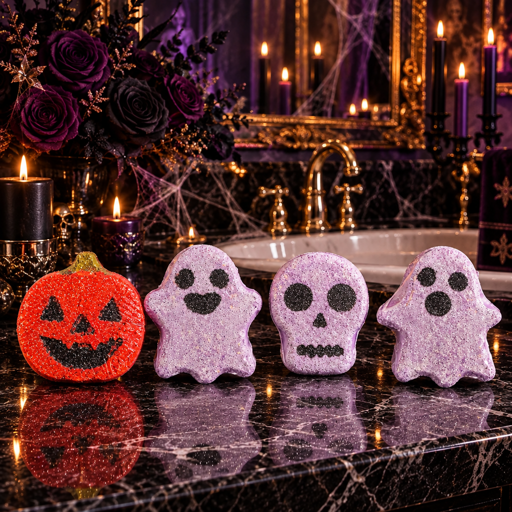 Four Halloween bath bombs together on a luxury bathroom sink