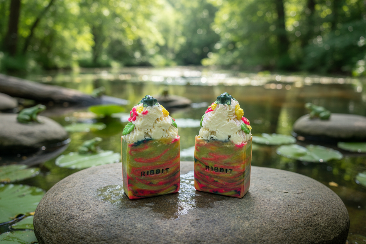Frog pond soaps in whimsical pond scene