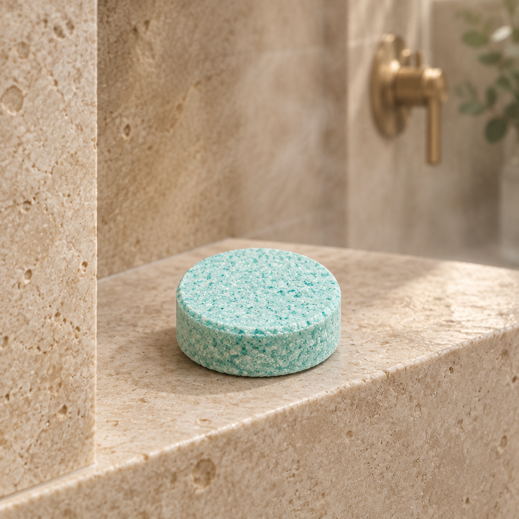 Good Morning shower steamer on a luxury shower ledge