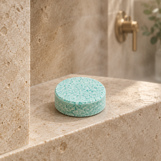 Good Morning shower steamer on a luxury shower ledge