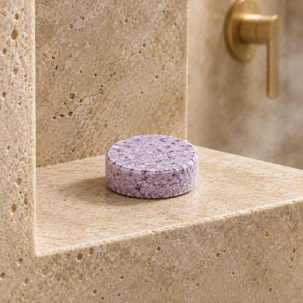 Good Night shower steamer on a luxury shower ledge