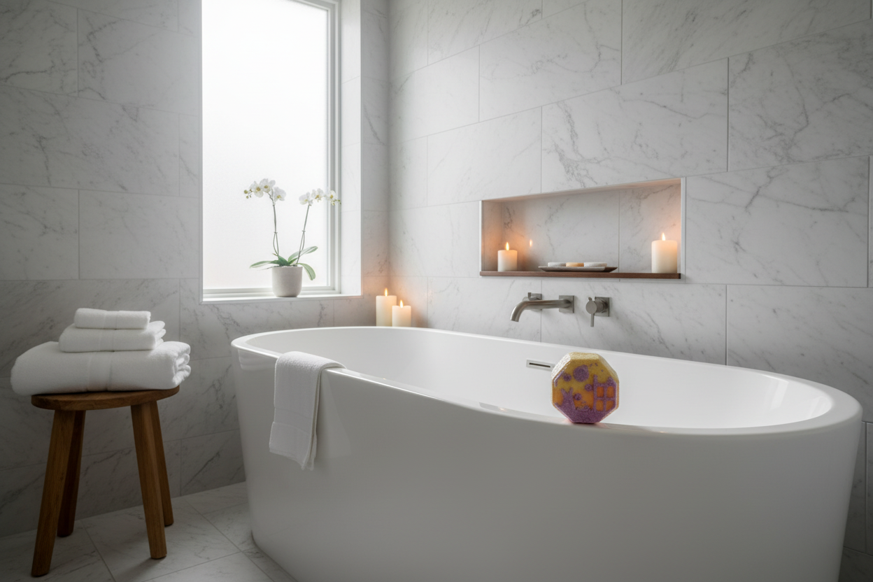 House bath bomb on tub ledge