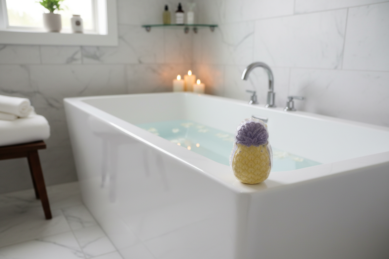 Ice cream cone bath bombs on tub ledge