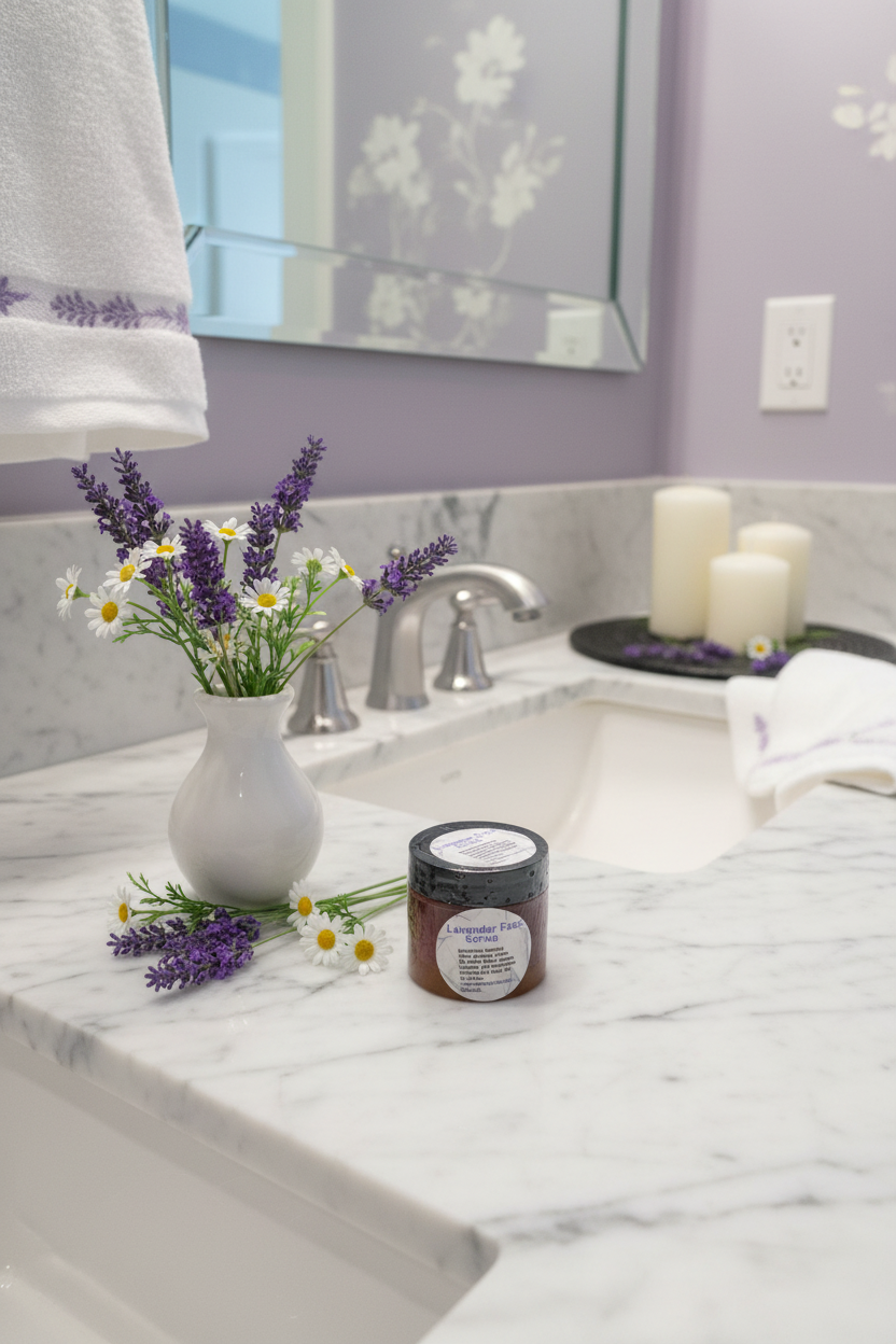 Lavender Face Scrub on luxury spa sink
