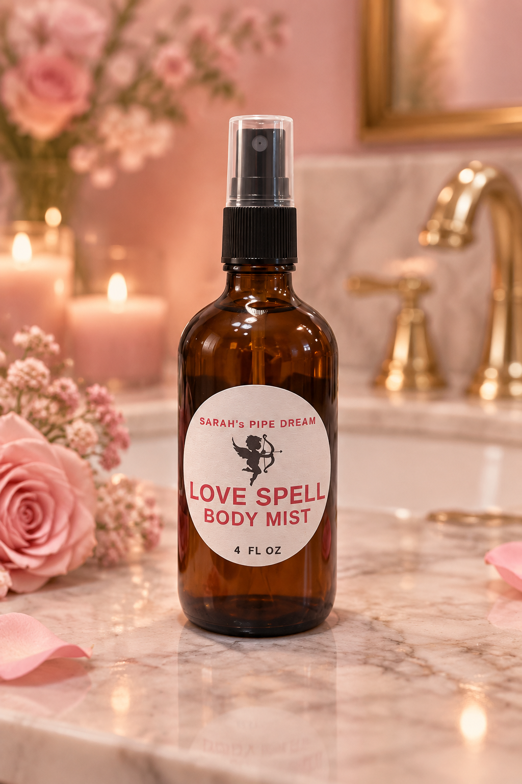 Love Spell body mist on a romantic luxury bathroom counter
