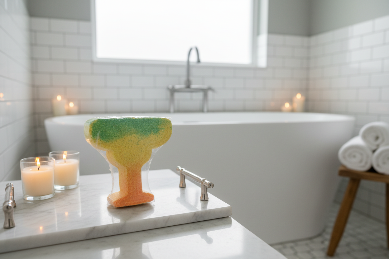 Margarita glass bath bomb in luxury bathroom