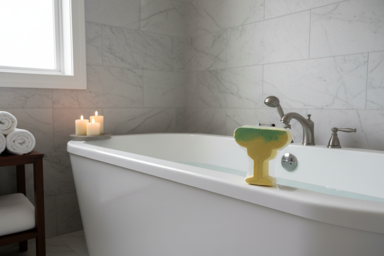 Margarita glass bath bomb on tub ledge
