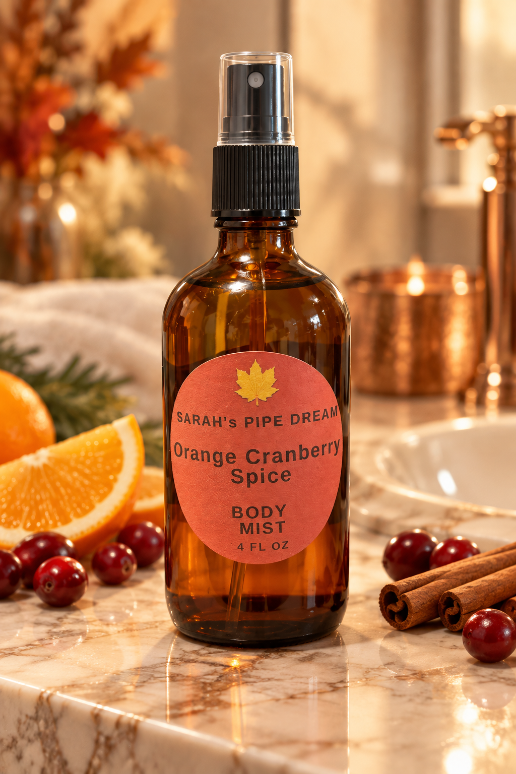 Orange Cranberry Spice body mist on an autumn-themed luxury bathroom counter