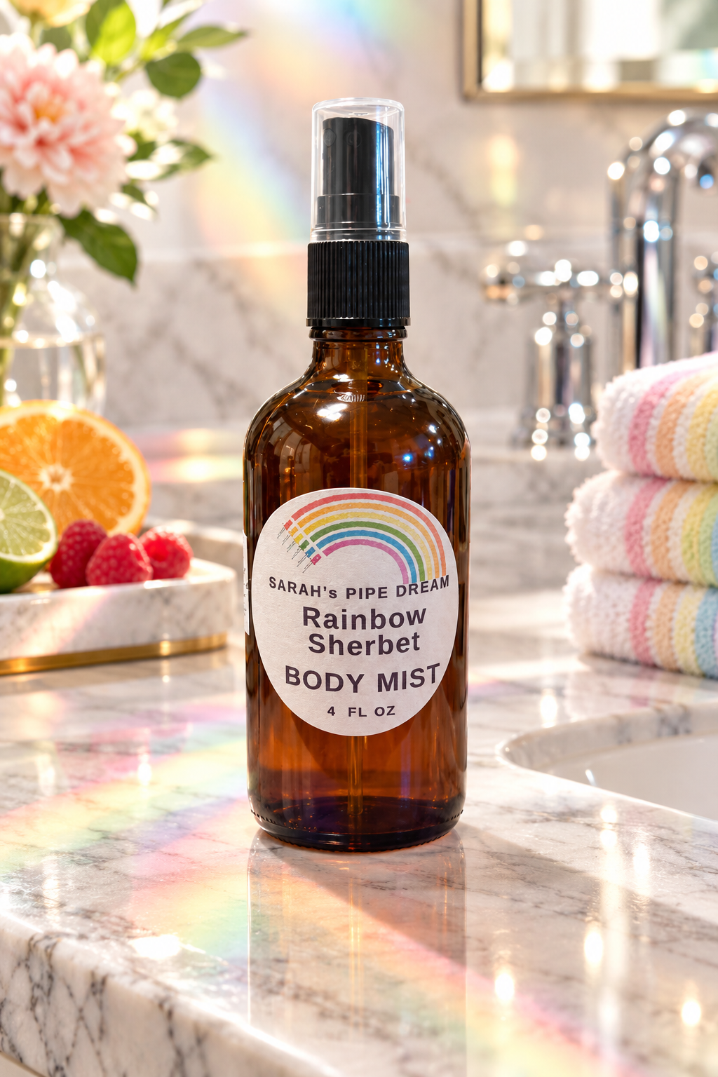 Rainbow Sherbet body mist on a rainbow-themed luxury bathroom counter