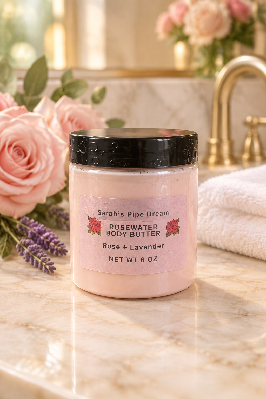 Rosewater body butter on a luxury rose-and-lavender bathroom counter