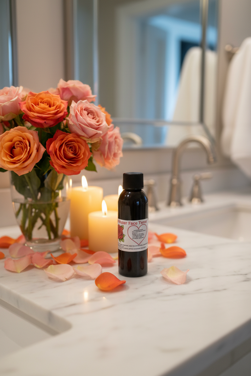Rosewater Face Toner on luxury spa sink