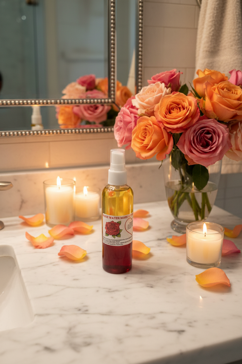 Rosewater Makeup Remover on luxury spa sink