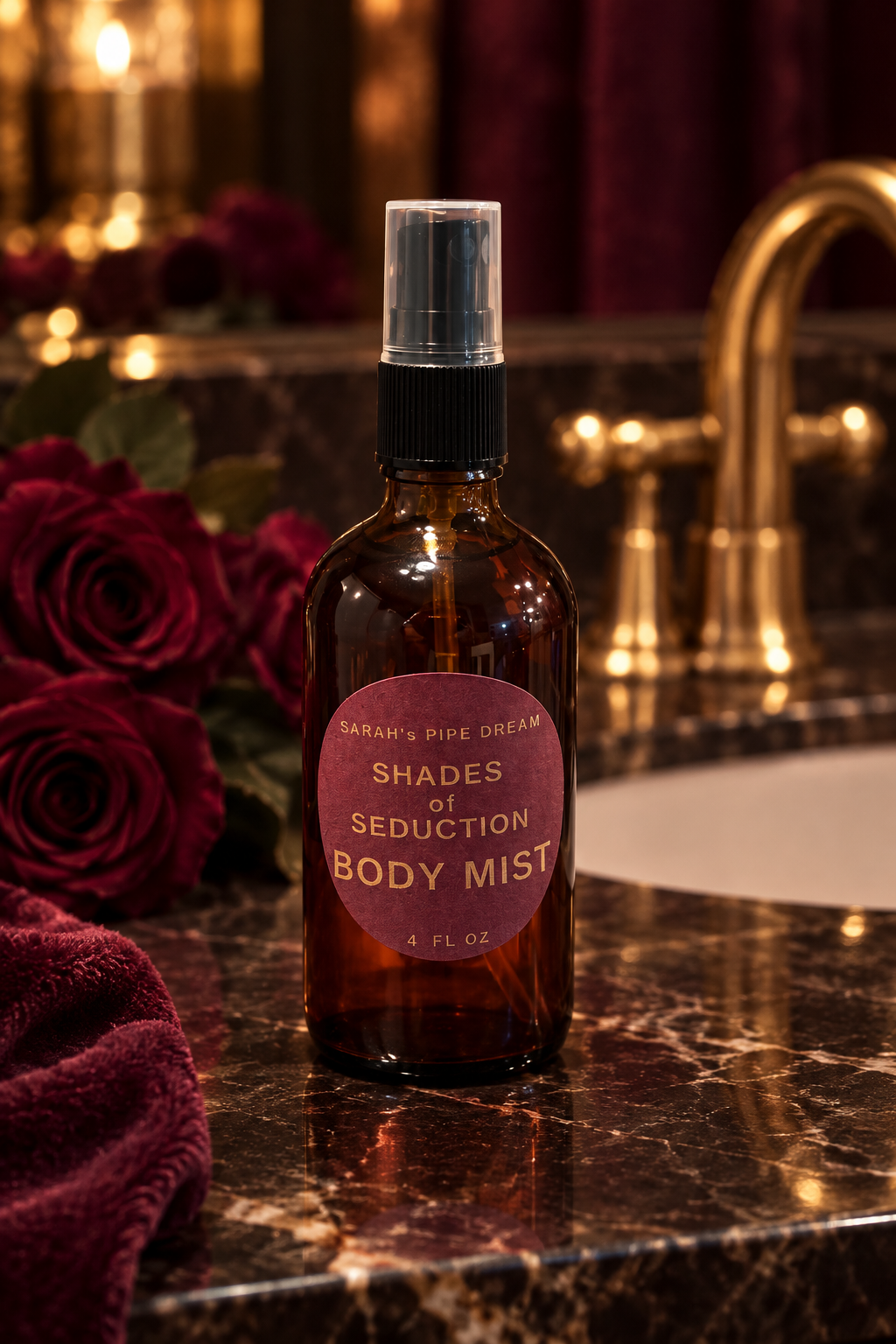Shades of Seduction body mist on a moody luxury bathroom counter