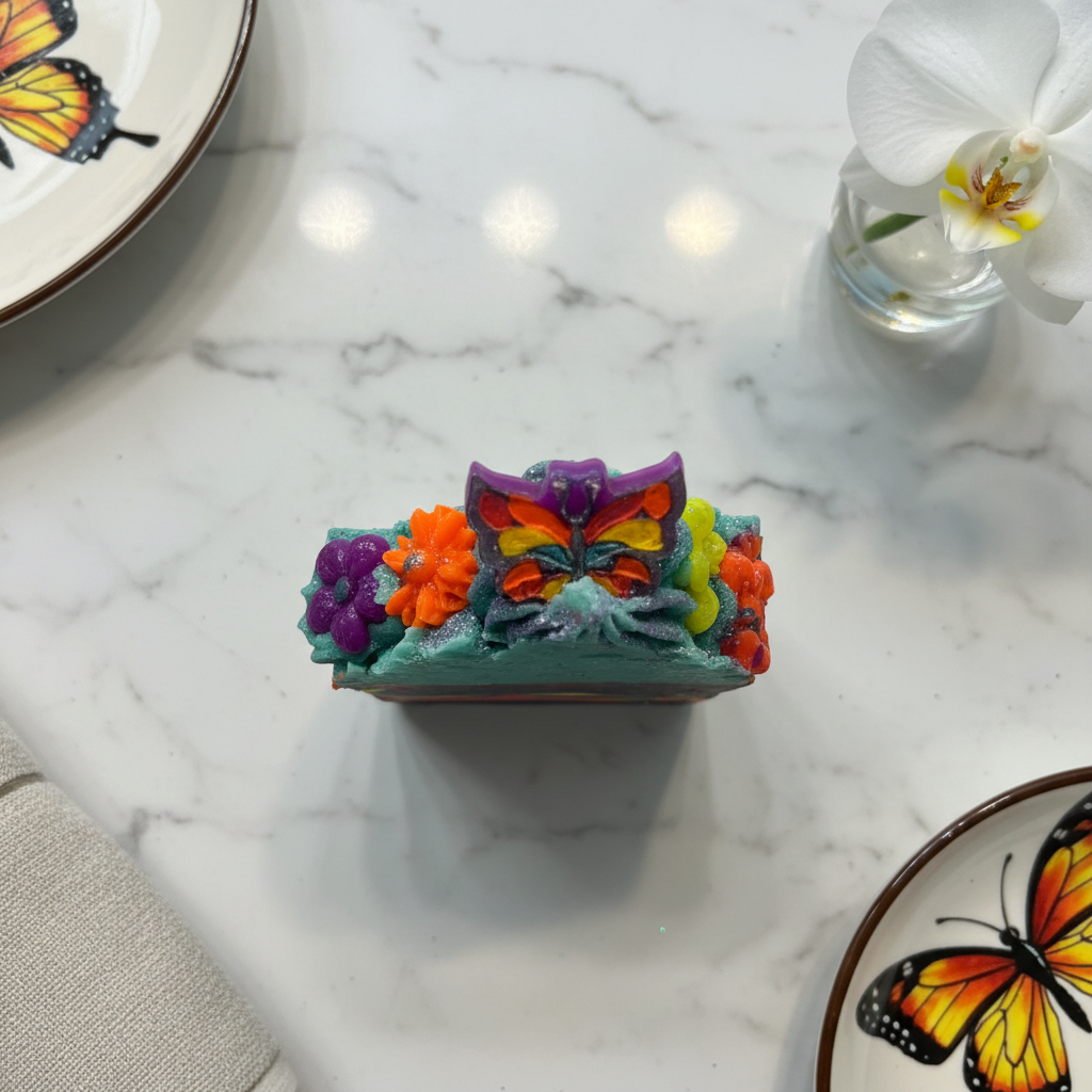 Single butterfly soap overhead view