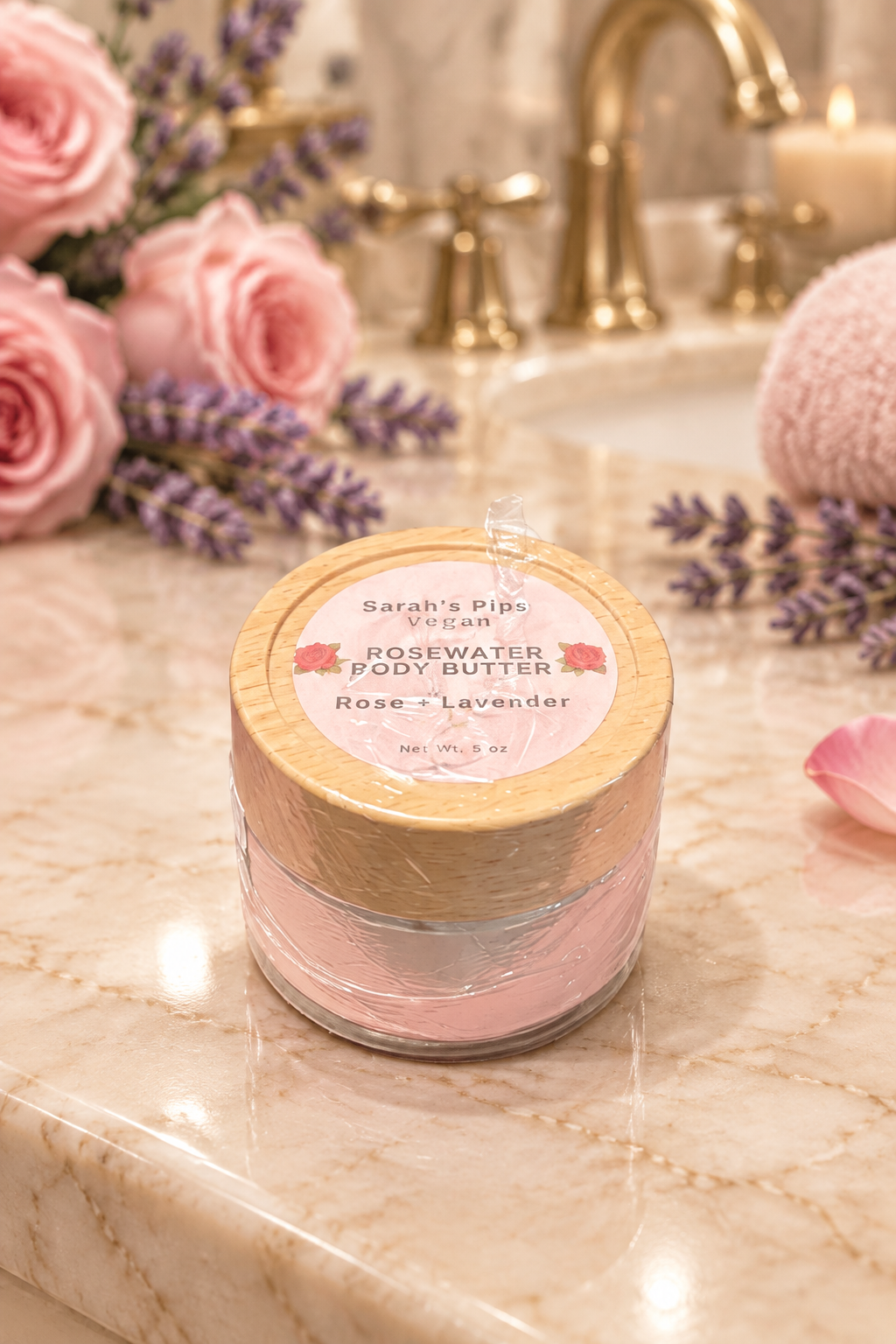 Small rosewater body butter jar on a luxury rose-and-lavender bathroom counter