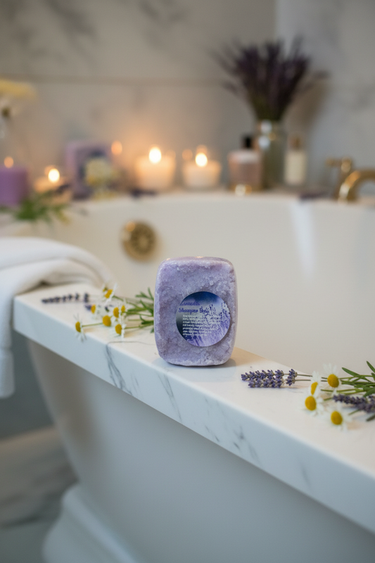 Square shampoo bar at luxury bathtub