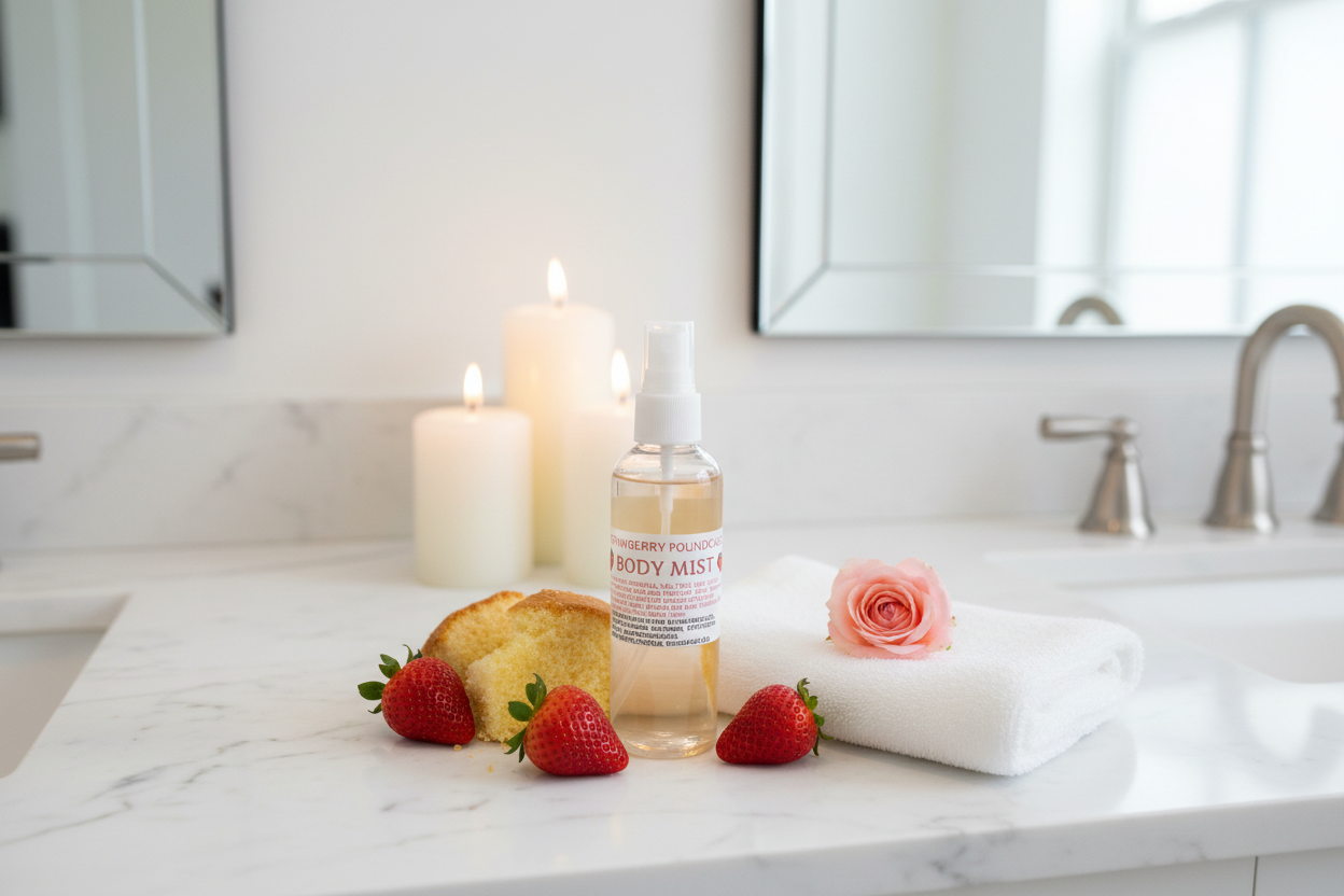 Strawberry Poundcake in bathroom