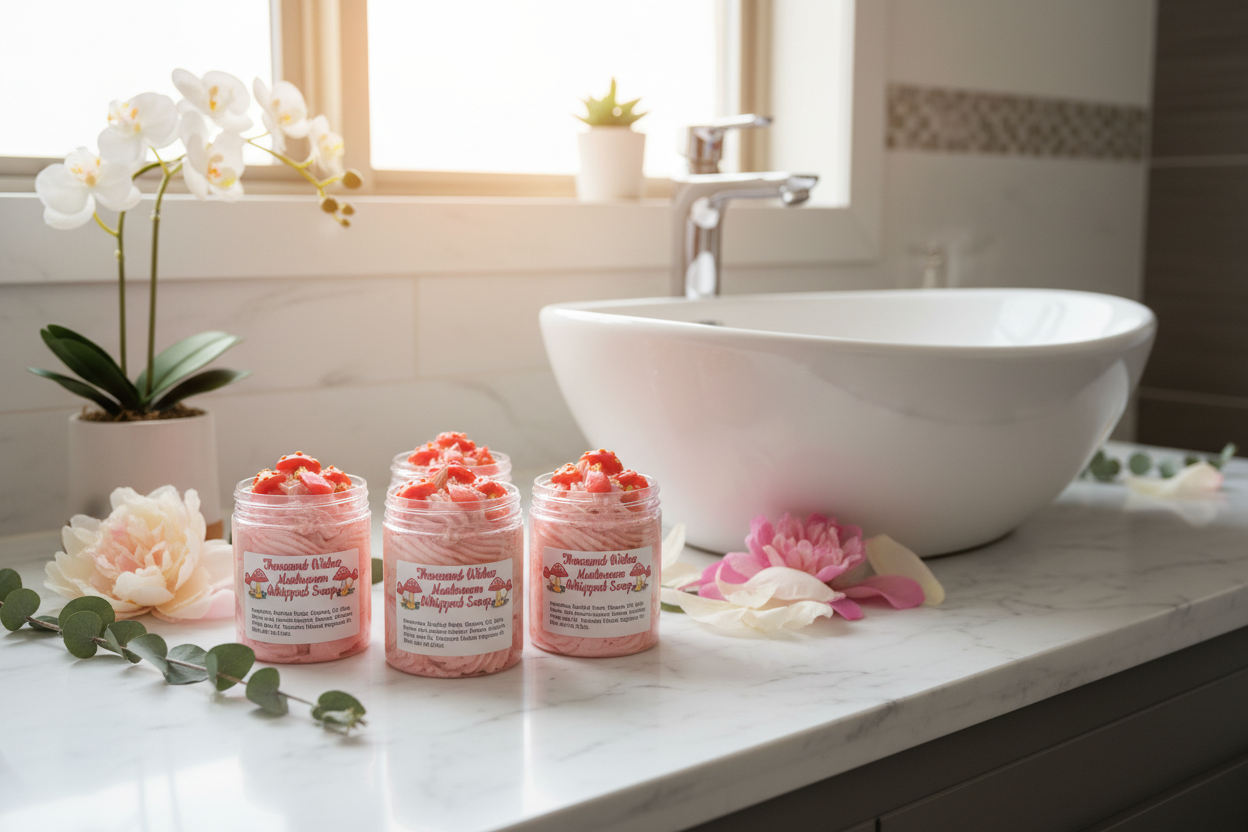 Thousand Wishes Mushroom Whipped Soap luxury bathroom display
