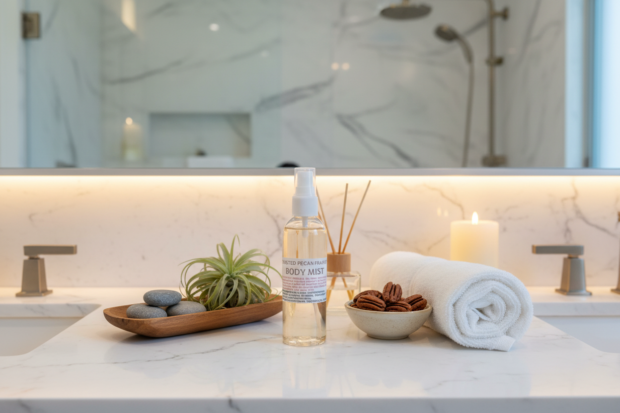 Toasted Pecan Praline in bathroom